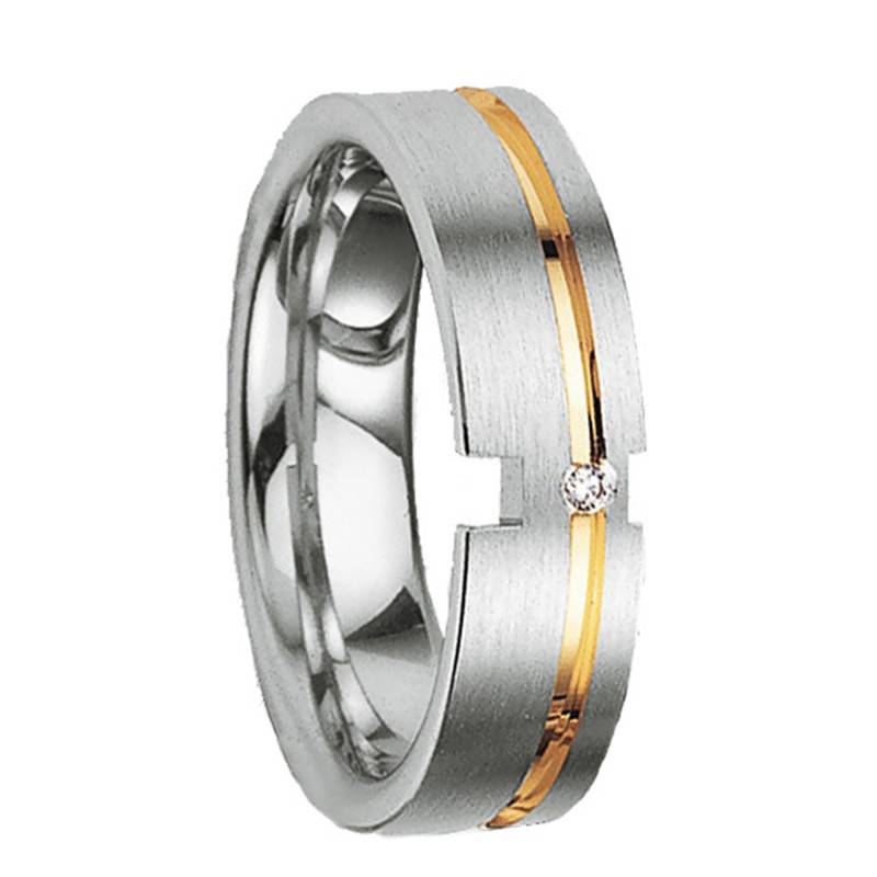 Nauplios Brushed Comfort Wedding Ring in 925 Silver with Yellow Gold-Plated Groove & Diamond, 6 mm - Breuning