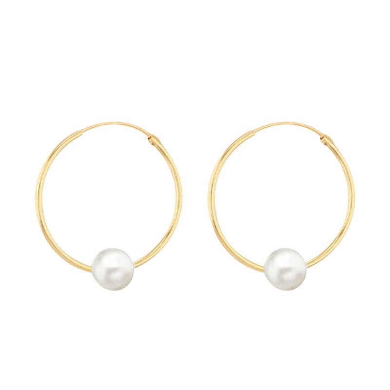 "Yellow Gold & Freshwater Pearl Hoop Earrings, Diameter 18.50 mm" - Emanessence