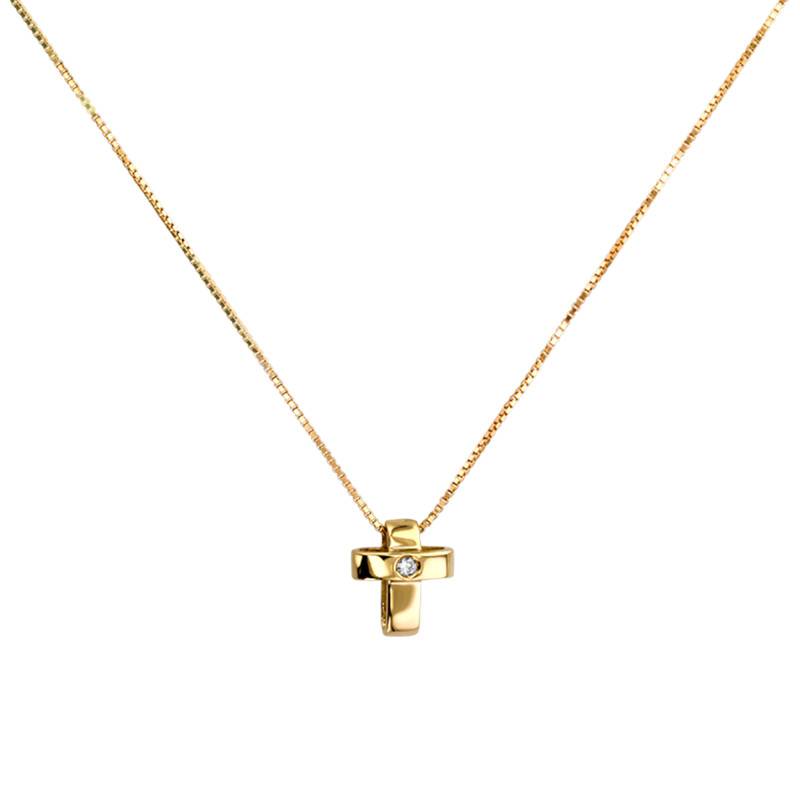 9K (375) or 18K (750) Yellow Gold & Diamond Cross Necklace, Length 42 cm - Vandona