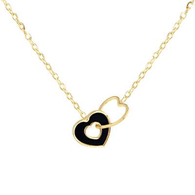 Collier Double Coeur en Or Jaune 375 & Onyx, Longueur 39 à 41,5 cm - Emanessence