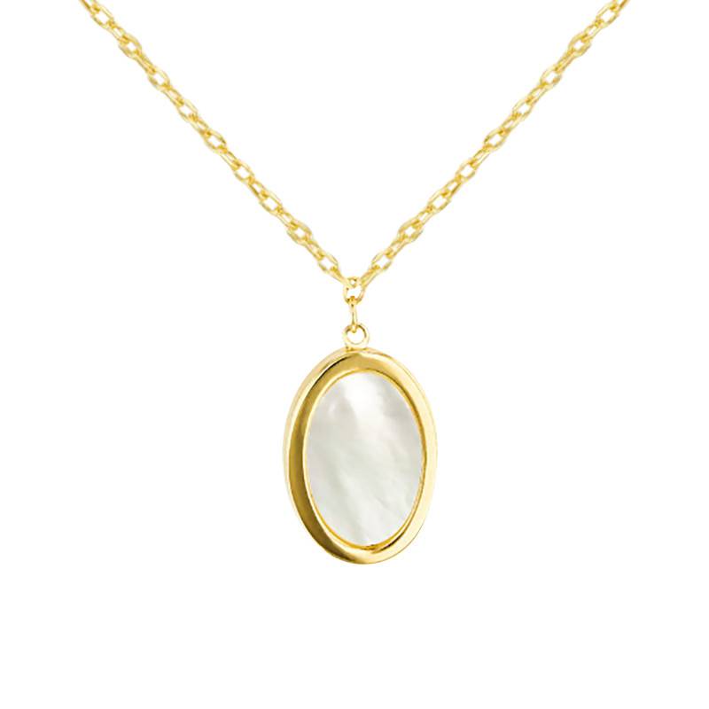 375 Yellow Gold & White Mother-of-Pearl Oval Necklace, Length 41 cm to 46 cm - Emanessence
