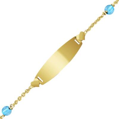 Gourmette Plaque Tonneau Coeur Topazes Bleues & Or Jaune 375, Longueur 12 à 14 cm ou 14 à 16 cm - Bambins