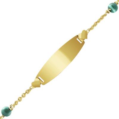 Gourmette Plaque Tonneau Coeur Malachites & Or Jaune 375, Longueur 12 à 14 cm ou 14 à 16 cm - Bambins