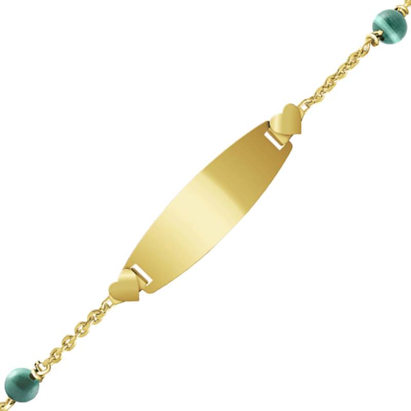 375/1000 Yellow Gold Heart Barrel Baby ID Bracelet with Malachites, Length 12 cm to 14 cm or 14 cm to 16 cm - Bambins