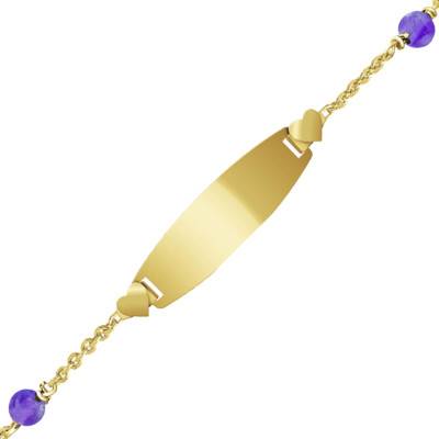 Gourmette Plaque Tonneau Coeur Améthystes & Or Jaune 375, Longueur 12 à 14 cm ou 14 à 16 cm - Bambins