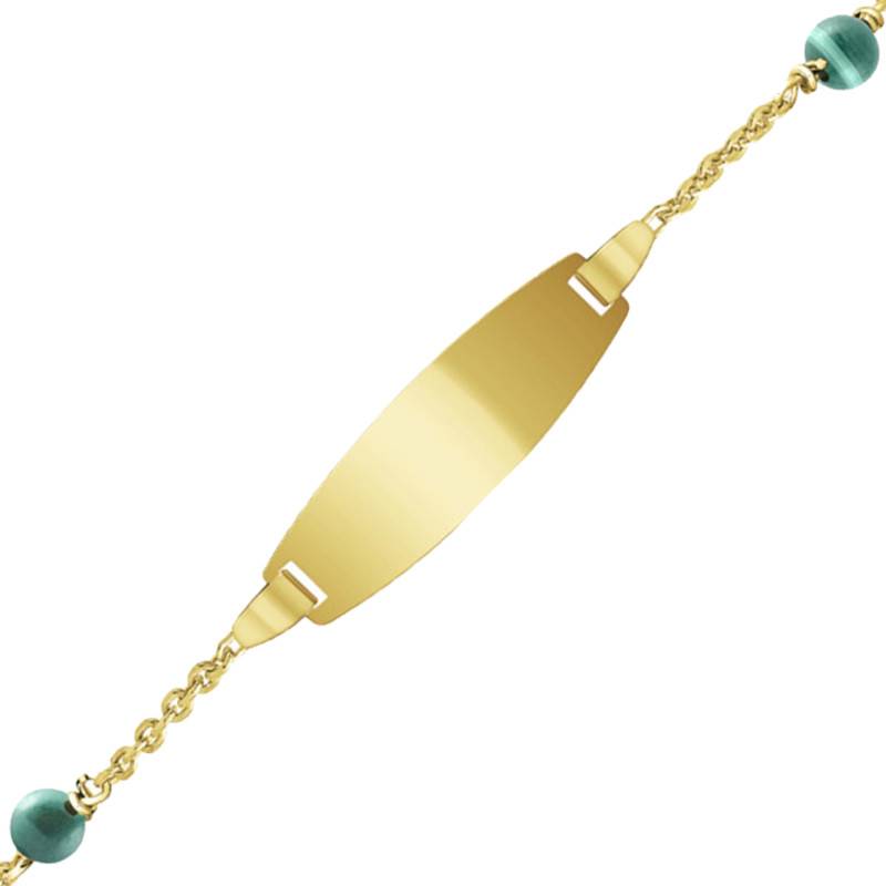 375 Yellow Gold & Malachite Barrel Baby ID Bracelet, Length 12 cm to 14 cm or 14 cm to 16 cm - Bambins