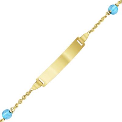 375/1000 Yellow Gold Rectangular Baby ID Bracelet with Blue Topazes, Length 12 cm to 14 cm or 14 cm to 16 cm - Bambins