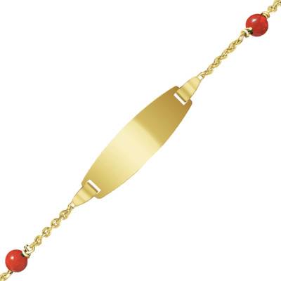 375/1000 Yellow Gold Barrel Baby ID Bracelet with Red Corals, Length 12 cm to 14 cm or 14 cm to 16 cm - Bambins