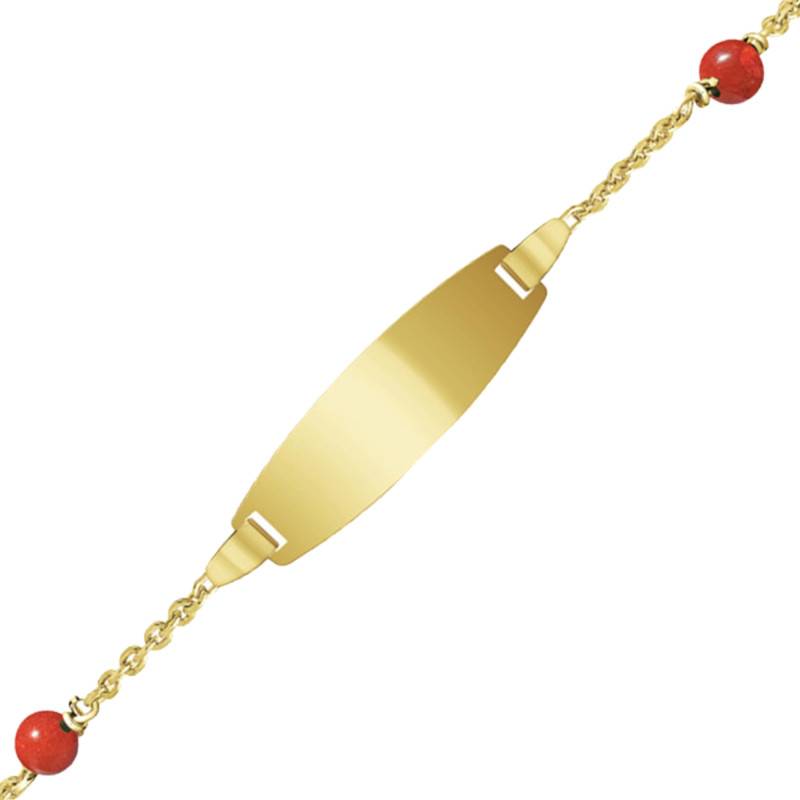 375/1000 Yellow Gold Barrel Baby ID Bracelet with Red Corals, Length 12 cm to 14 cm or 14 cm to 16 cm - Bambins