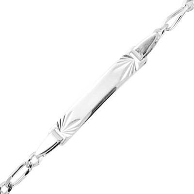 925 Silver Alternating Oval Link Chain Baby ID Bracelet with Leaf Engraving Plate, 13 to 15 cm, 3 mm Wide - Bambins