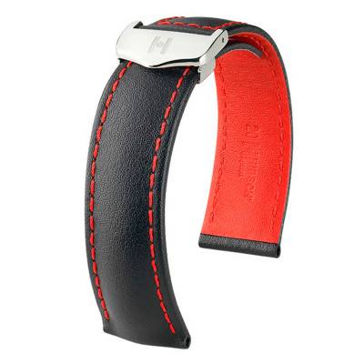 Bracelet Cuir Speed Calfskin Noir Rouge 07402452 18mm 19mm 20mm (sans boucle) - Hirsch