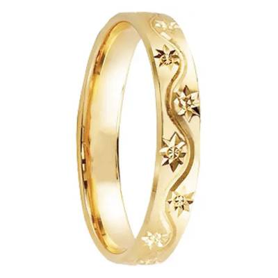 750/1000 Yellow Gold Ribbon Wedding Ring with Chiseled Stars and Wave Groove, Width 3.50 mm - Fair'Belle