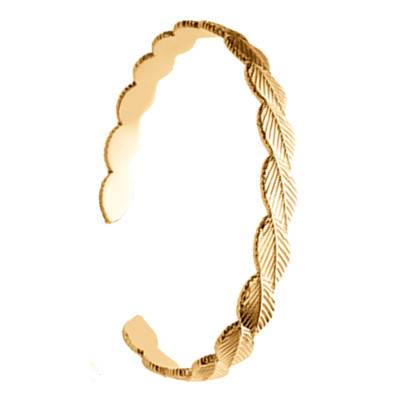 Bracelet Jonc Ouvert Feuilles Striées, Plaqué Or 750, Diamètre 58 mm - Naïades