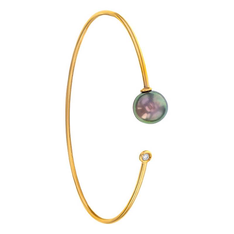 Open 750 Yellow Gold Bangle Bracelet & Tahitian Pearl 8/10 mm, Length 16 cm to 17 cm, Width 1,50 mm - Négoce-îles