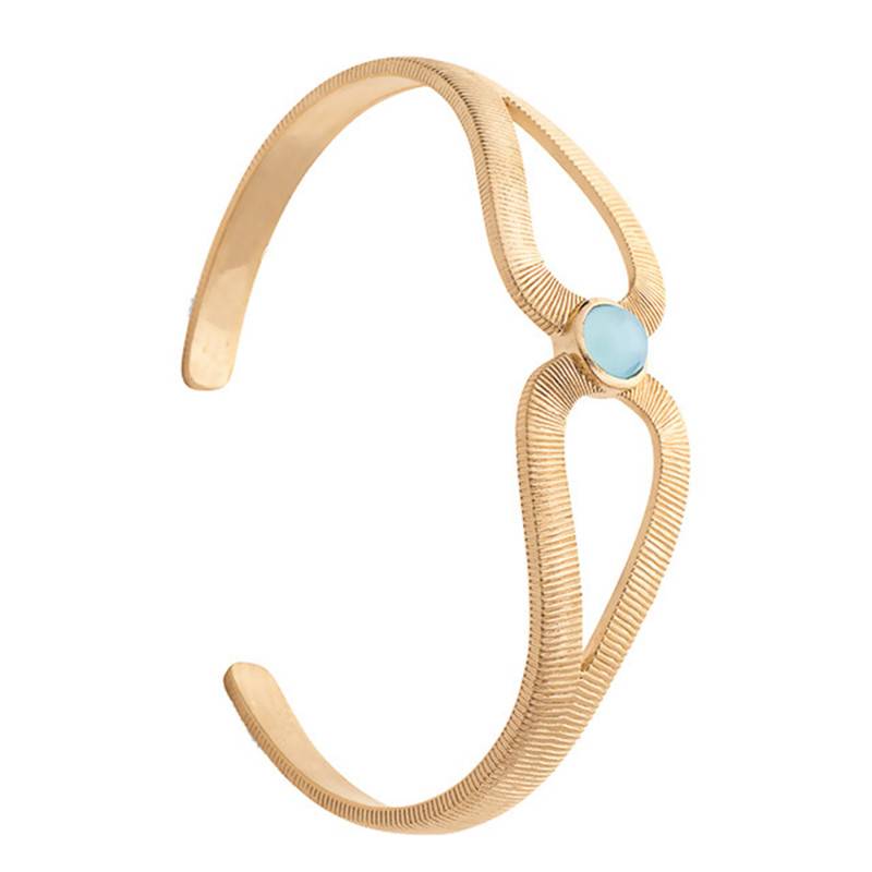 Yellow Gold-Plated Open Bangle Célestine & Blue Agate, 58 mm Diameter - Ana & Cha