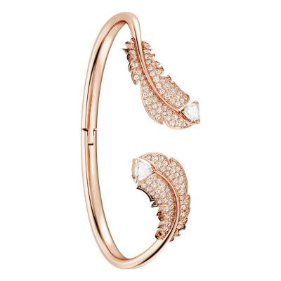 Bracelet Jonc Plumes Nice Métal Doré Rose & Cristaux Blancs, 15 et 16 cm - Swarovski