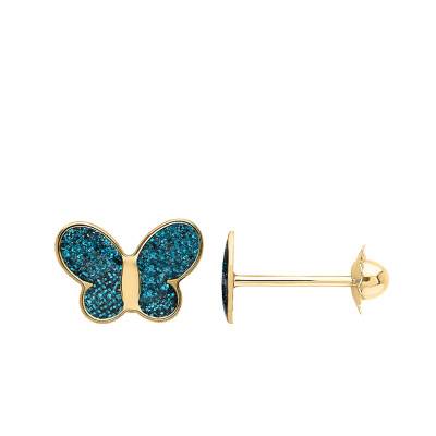 Boucles d'Oreilles Papillons Bleues en Or Jaune 375 & Laque - Bambins