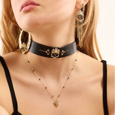 Gold-Tone Black Enamel & Rhinestone Adored Necklace 42 cm - Hipanema
