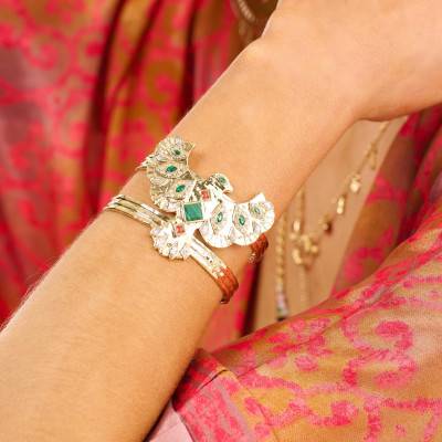 Timor Gold-Plated Cuff & Malachite-Color Stones and Rhinestones, Adjustable - Hipanema