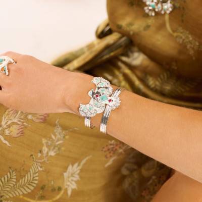 Manchette Timor Argentée, Imitations Turquoise & Strass, Ajustable - Hipanema