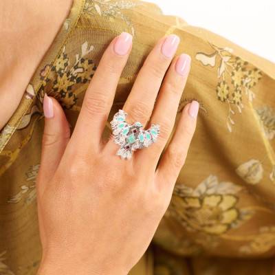 Bague Ouverte Mangrov Argentée, Imitations Turquoise & Strass - Hipanema
