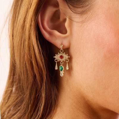 Boucles d'oreilles Syracuz Dorées, Imitations Malachite & Strass - Hipanema
