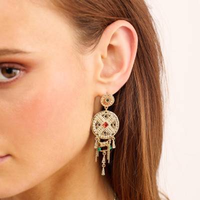 Boucles d'oreilles Paramor Dorées, Imitations Malachite & Strass - Hipanema