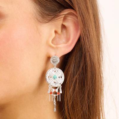 Boucles d'oreilles Paramor Argentées, Imitations Turquoise & Strass - Hipanema