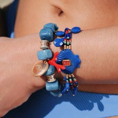 Georgio Blue & Gold & Stones Bracelet, Length 16.5 cm to 21.5 cm - Hipanema
