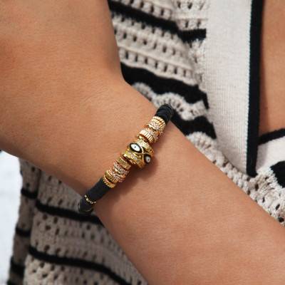 Bracelet Bangalor Doré Perles Noires & Strass Blancs, Longueur 15,50 à 18,50 cm - Hipanema