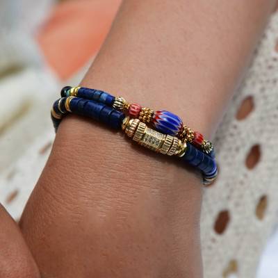 Bracelet Tweeks Double Doré, Strass & Perles Multicolores, Longueur 15,50 à 18,50 cm - Hipanema