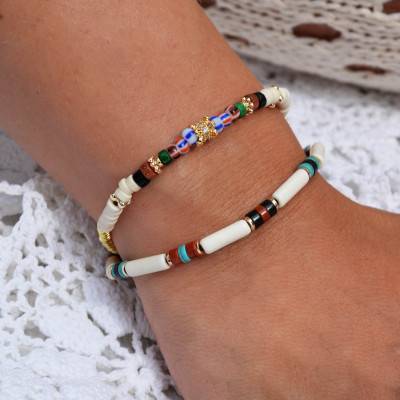 Bracelet Tweeks Double Doré, Pierres & Perles Multicolores, Longueur 15,50 à 18,50 cm - Hipanema