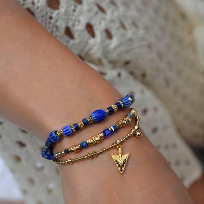 Gold Vadorada Multi-Strand Cuff & Blue Beads and Rhinestones, Length 15.50 cm to 18.50 cm - Hipanema