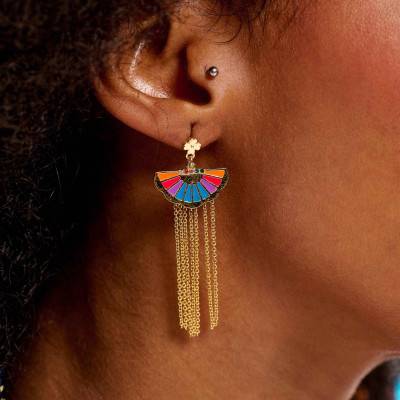 Boucles d'oreilles Sancho Dorées, Email & Strass Multicolores - Hipanema