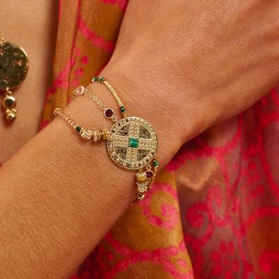 Hezou Multi-Strand Gold & Multicolor Beads and Stones Cuff Bracelet, Length 16 cm to 18 cm - Hipanema