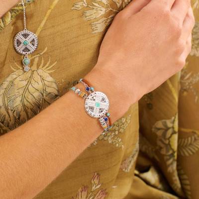 Hezou Multi-Link Silver-Plated Cuff & Multicolor Beads and Stones, Length 16 cm to 18 cm - Hipanema