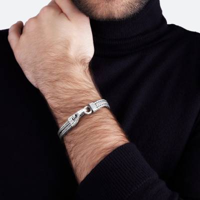 Bracelet Double Maille Serpent Carrée Argent, Longueur 22 cm - Guiot De Bourg