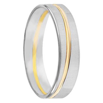 750 Two-Tone White and Yellow Gold Nanda Standard Ribbon Wedding Ring with Diagonal Groove, Width 5 mm - Maison Girard