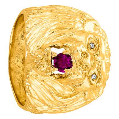 Chevalière tête de lion Or Jaune 750 & rubis synthèse - Imperium