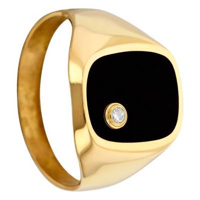 750 Yellow Gold, Onyx & Diamond 0,02 ct Signet Ring 10 x 12 mm - Imperium
