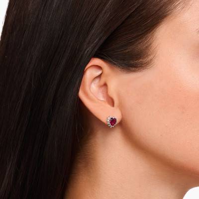 Valentine Heart 925 Silver & White Cubic Zirconia and Lab-Grown Ruby Stud Earrings - H2315-013-10 - Thomas Sabo