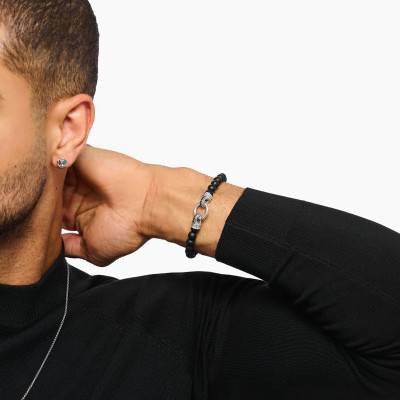 Bracelet Rebel Anneau en Argent 925, Obsidiennes & Zircones Noires, Longueurs 19 et 21 cm - A2191-705-11 - Thomas Sabo