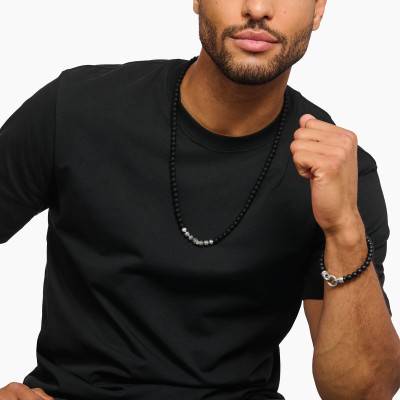 Collier Rebel Tête de Mort en Argent 925, Obsidiennes & Zircones Noires, Longueur 70 cm - KE1100-159-11 - Thomas Sabo
