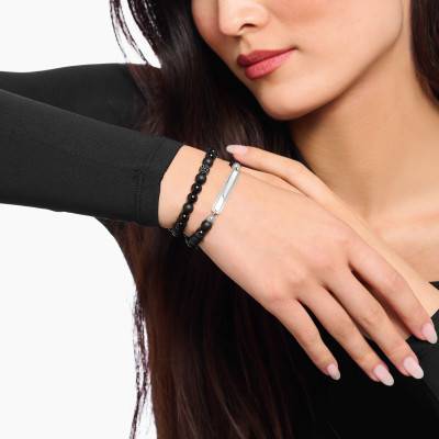 925 Sterling Silver Black Obsidian & Tiger's Eye Bead Rebel Bar Bracelet, 17 cm to 21 cm - A2180-806-11 - Thomas Sabo