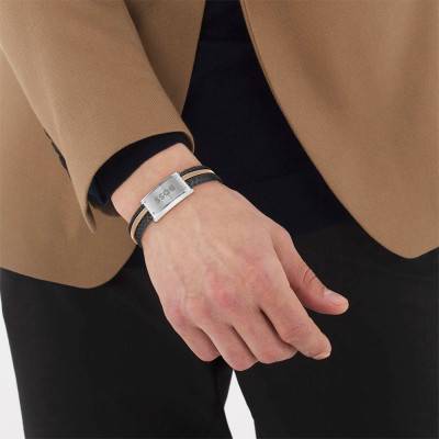 Boss Galen Two-Tone Leather Steel Bracelet, Length 18 cm to 19.5 cm - 1580423 - Boss