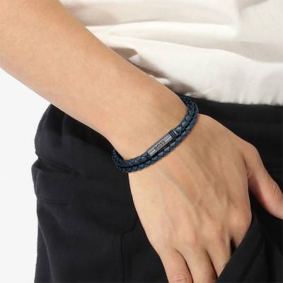 Blue Leather and Steel Ares Bracelet, Length 17.50 or 19 cm - 1580494S - Boss