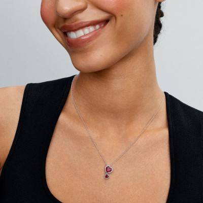 Collier Pendentif Cœurs Halo Rouge en Argent 925, Longueur 60 cm Ajustable - Pandora