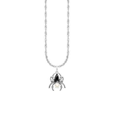 Spider Romance 925 Sterling Silver, Black Cubic Zirconia & Freshwater Pearl Necklace, Length 40 to 45 cm, Width 1.70 mm - - Thomas Sabo