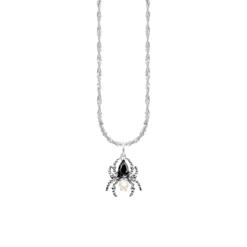Spider Romance 925 Sterling Silver, Black Cubic Zirconia & Freshwater Pearl Necklace, Length 40 to 45 cm, Width 1.70 mm - - Thomas Sabo