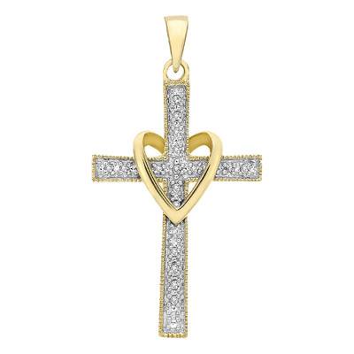 375/1000 Yellow Gold & Diamond Cross & Heart Pendant, 0.05 ct, 16 x 30 mm - Emanessence